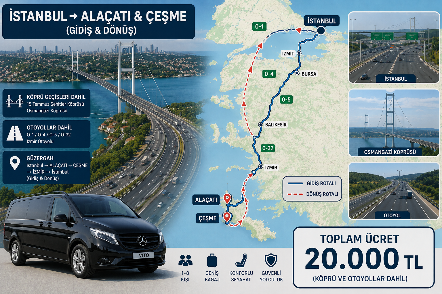 istanbul çeşme vito köprü otoban dahil 20.000 tl